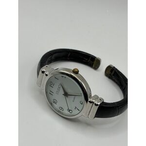 Studio Time Women Silver Tone Black Leather Cuff Quartz Watch